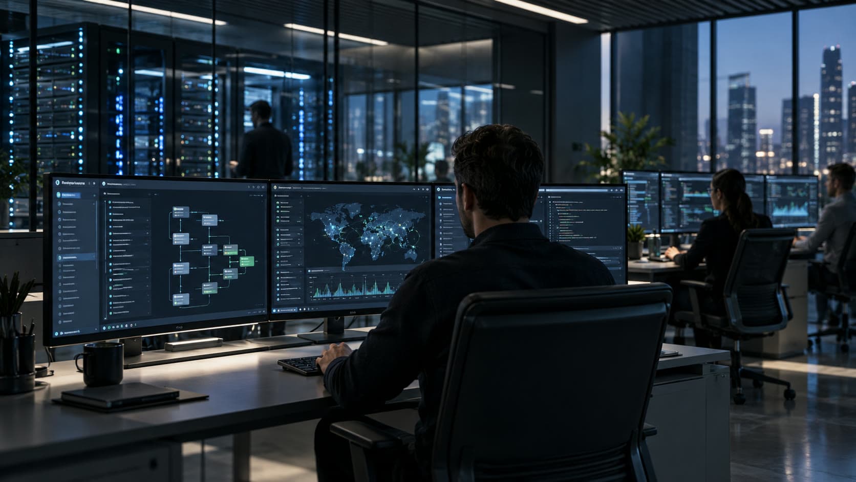 Illustrative scene: an engineer at a night-time operations desk with pipeline, global-traffic and monitoring dashboards.