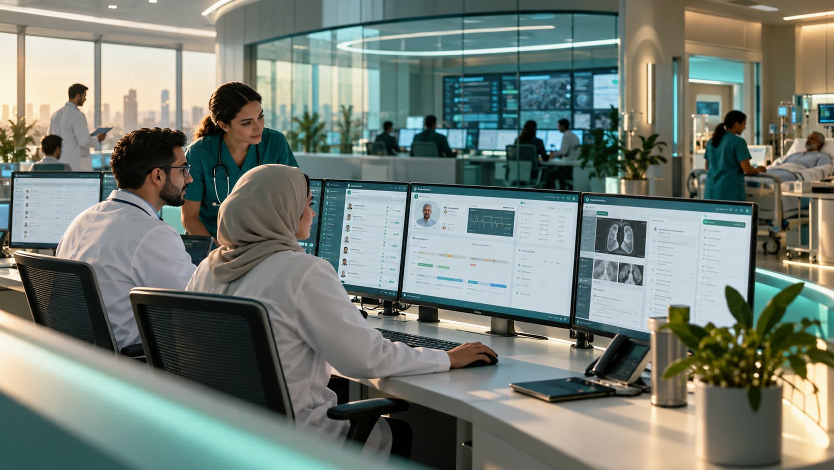Illustrative scene: clinicians at a hospital operations desk working with patient records, vital signs and imaging on large screens.