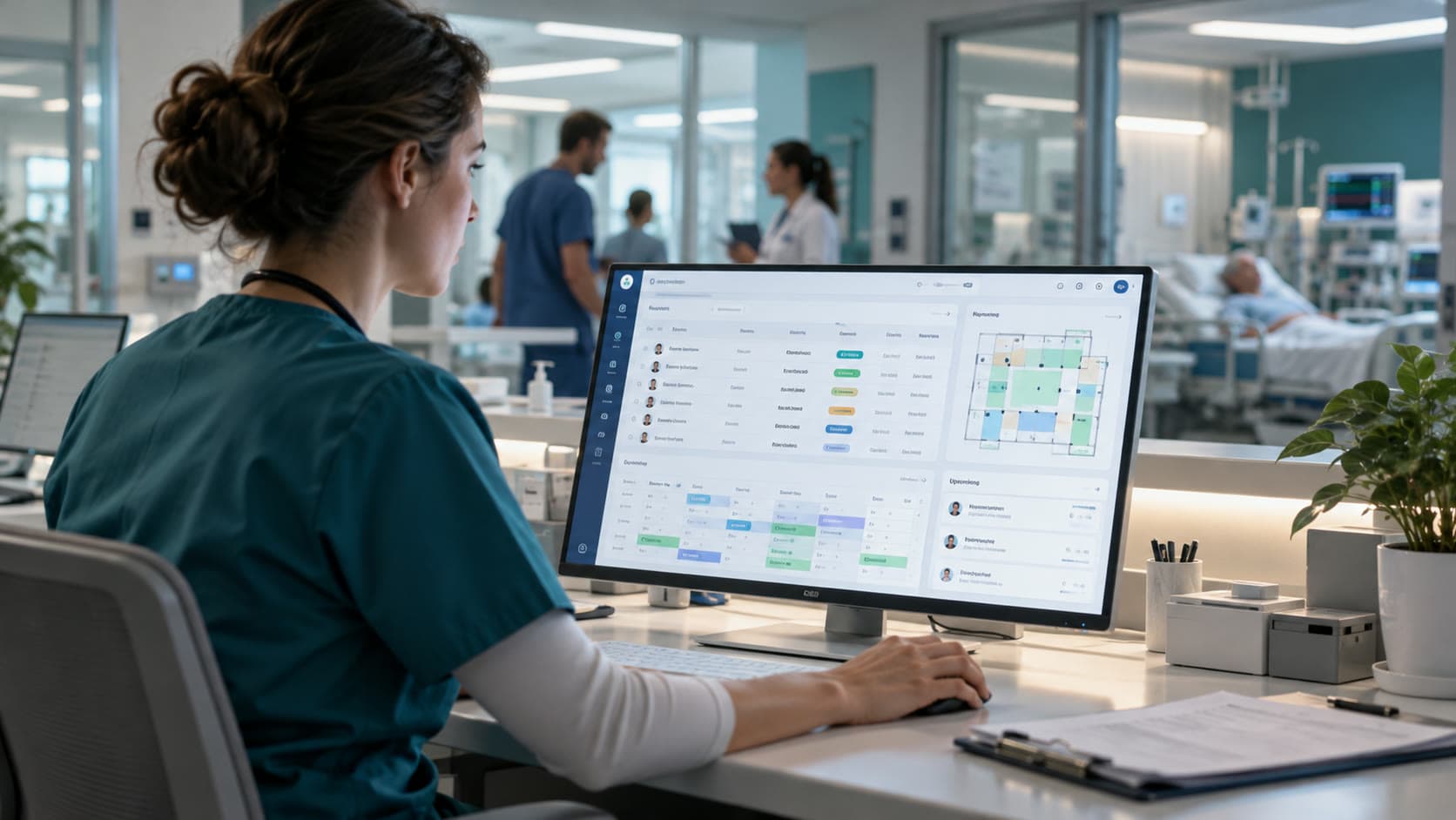 Illustrative scene: a nurse at a ward desk using a patient list, a scheduling grid and a bed map on a large monitor.