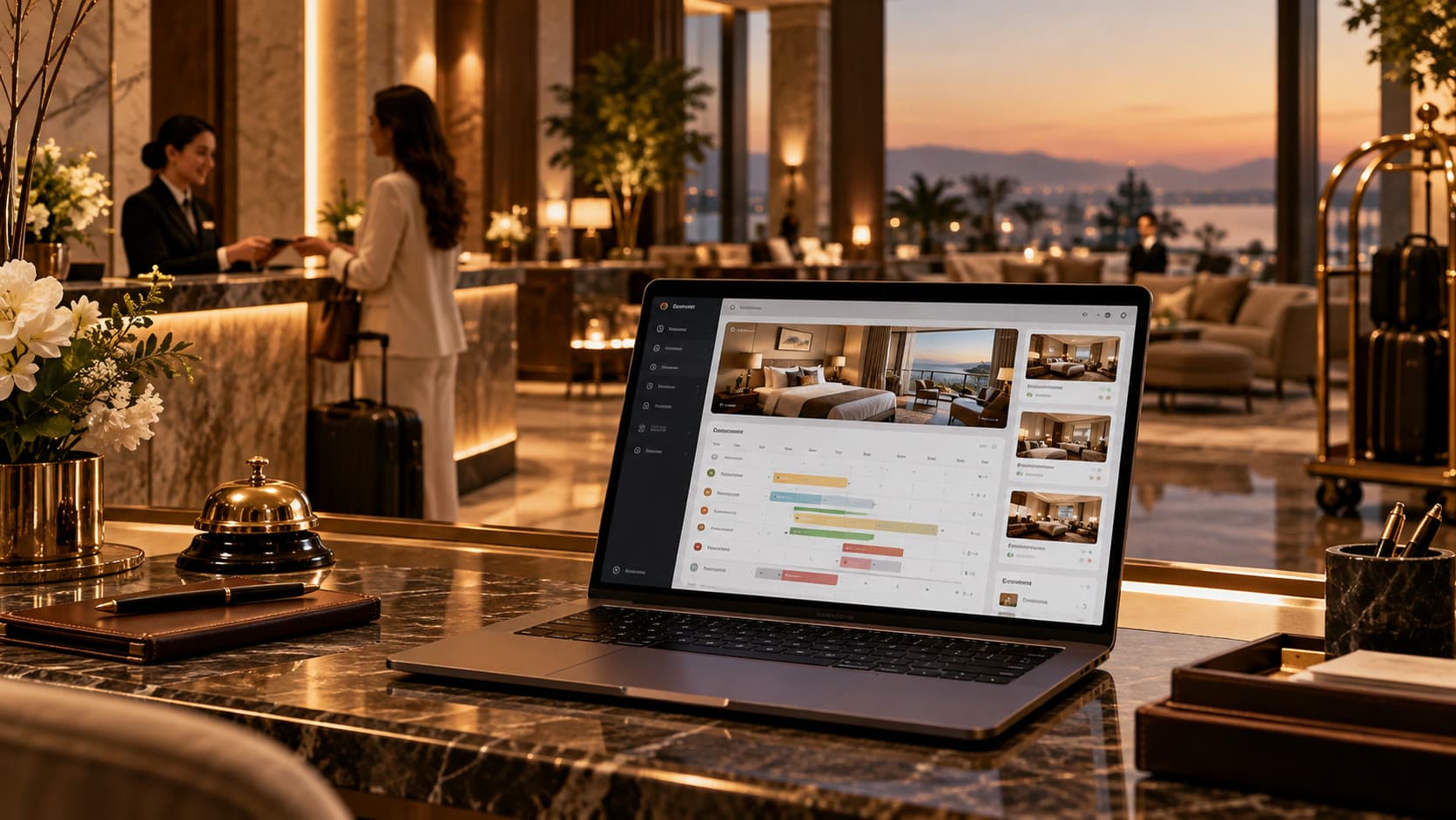 Illustrative scene: a hotel front desk at dusk, a laptop showing room photos and a reservations timeline in the foreground.