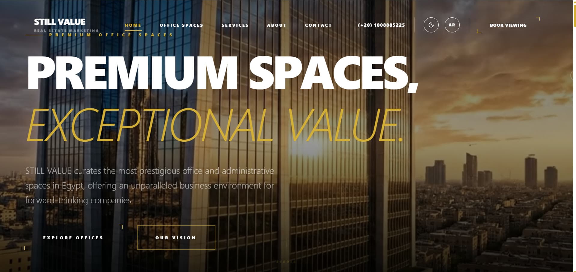 Still Value's website: “Premium spaces, exceptional value” over a glass office tower at sunset.