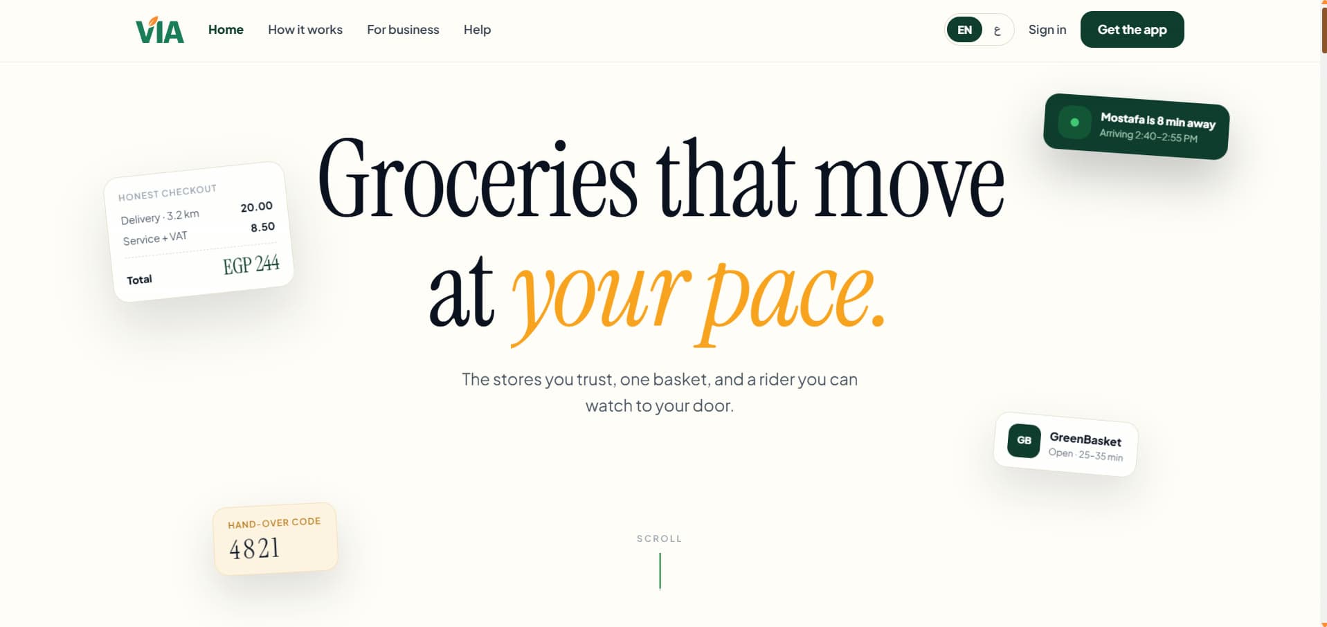 VIA's website: “Groceries that move at your pace”, with checkout, rider-arrival and store cards around the headline.