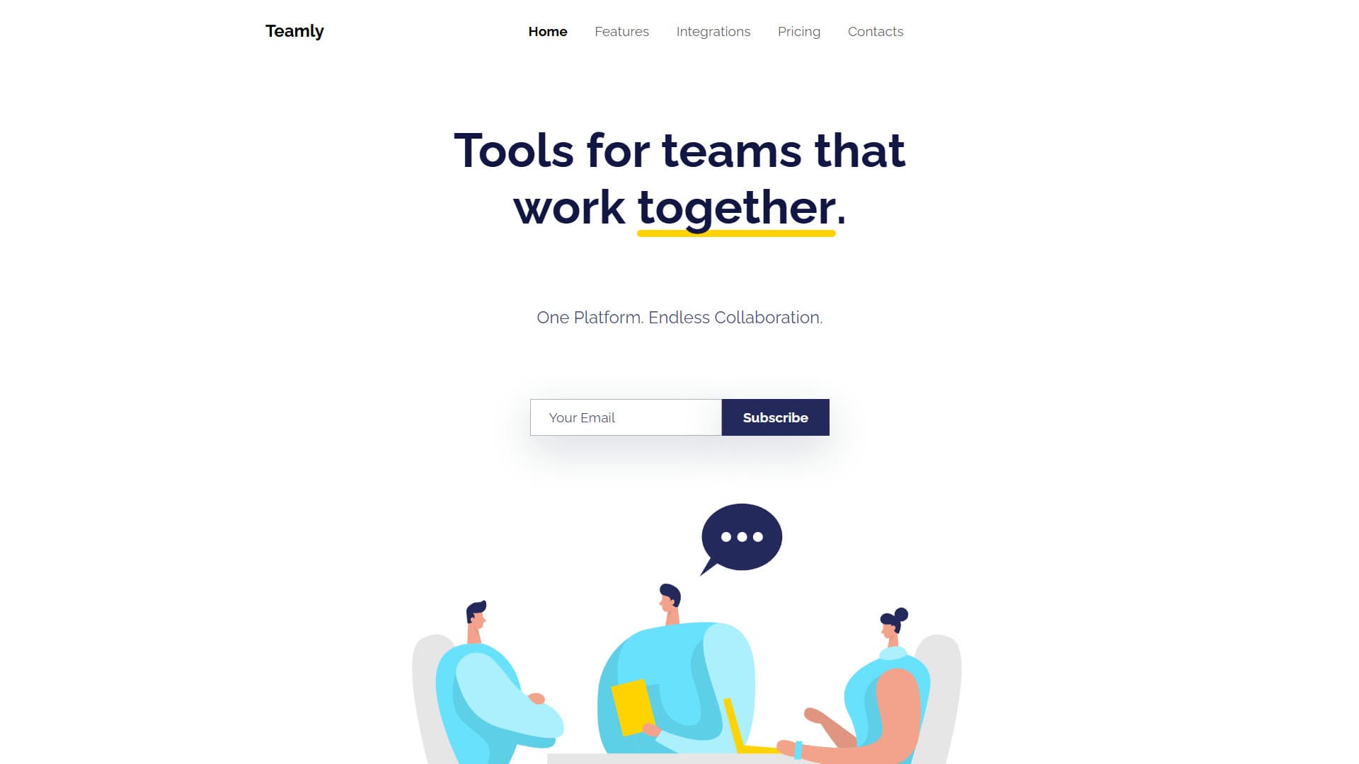 Teamly's landing page: “Tools for teams that work together”, an email sign-up and an illustration of three teammates in conversation.